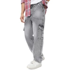 Urbano Fashion Men's Loose Mid Rise Baggy Fit Washed Cargo Jeans with 6 Pockets Non-Stretchable